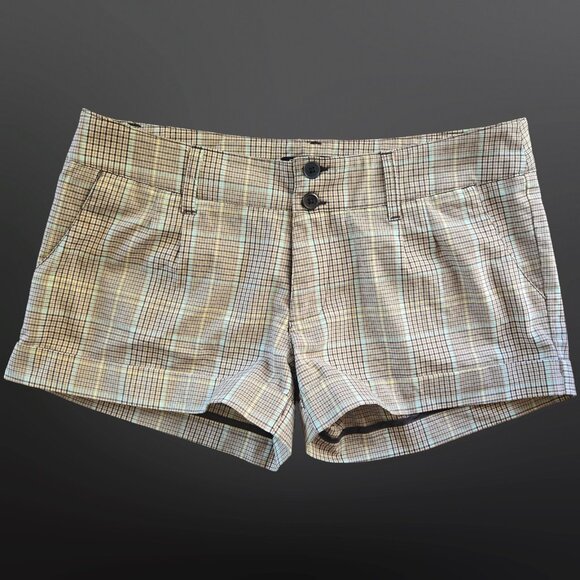 Y2K Low Rise Plaid Micro Shorts Size M Beige Academia Preppy Grunge Office Siren - Picture 1 of 6